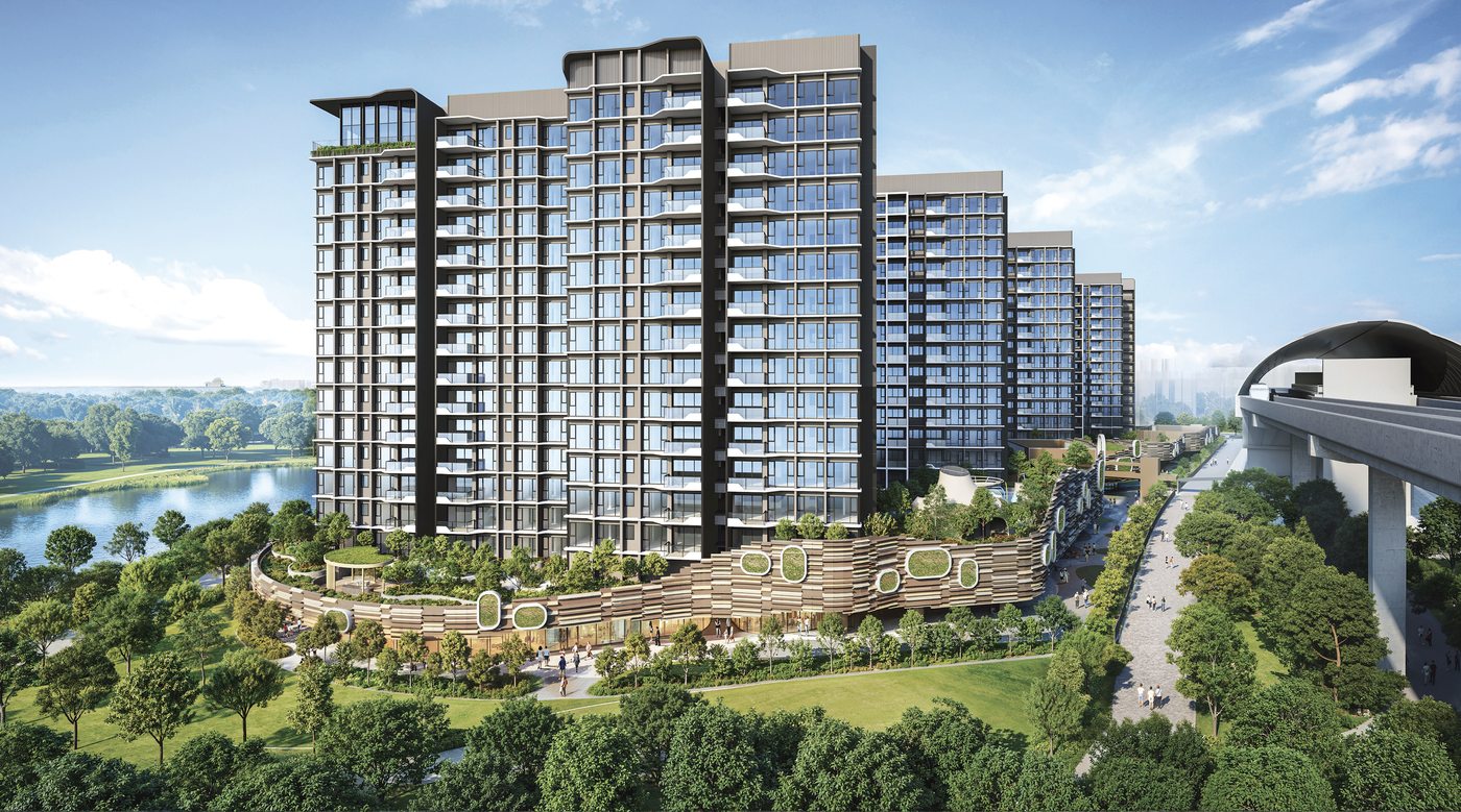 Tengah Garden Residences exterior aerial view with Tengah Pond and Hong Kah MRT